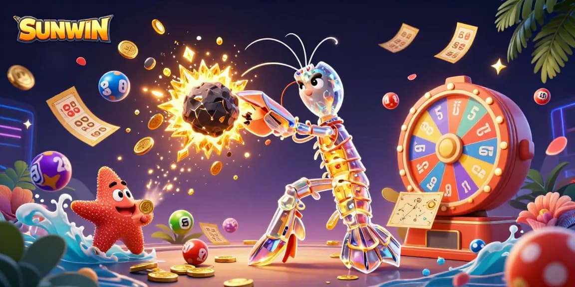 SUNWIN's galactic mantis shrimp battles an asteroid, showering players with gems and lottery prizes