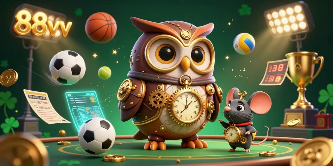 Engage with 88vv in this vibrant 3D illustration showcasing a steampunk owl, sports elements, and dynamic casino prizes.