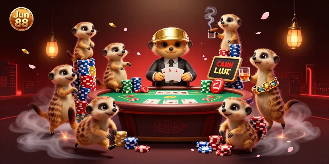Experience thrilling gameplay at Jun 88 with meerkats in an elaborate casino, chips soaring and excitement building.