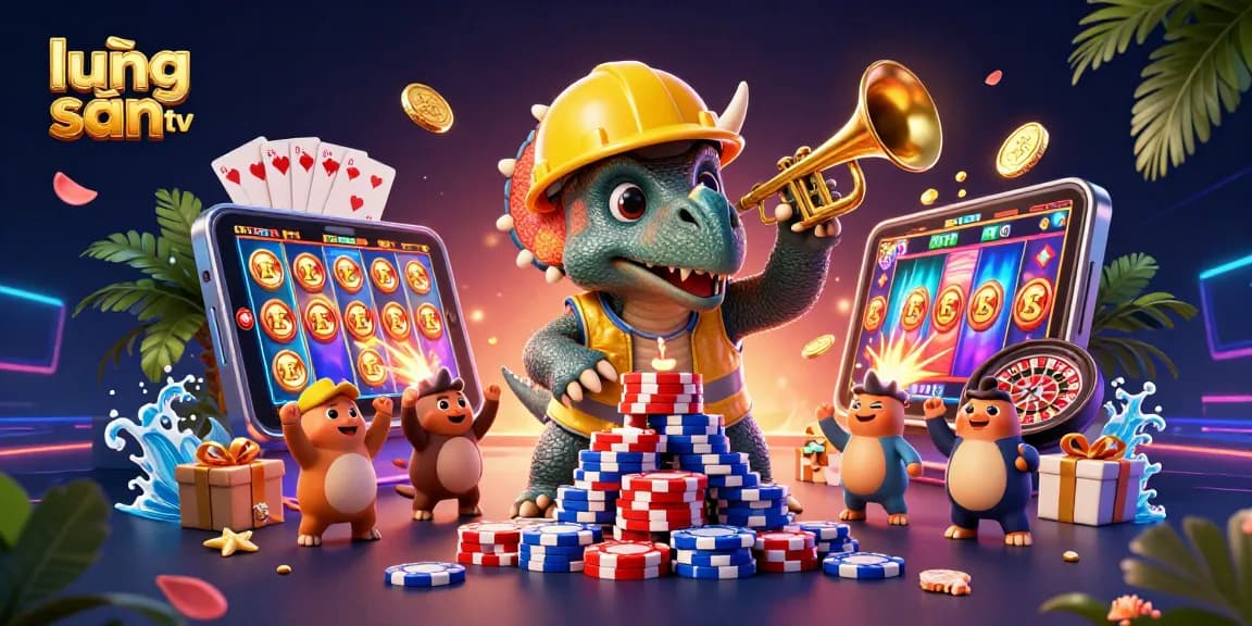 Experience thrilling gaming moments with lương sơn tv as cartoon dinosaurs celebrate with poker chips and slot games.