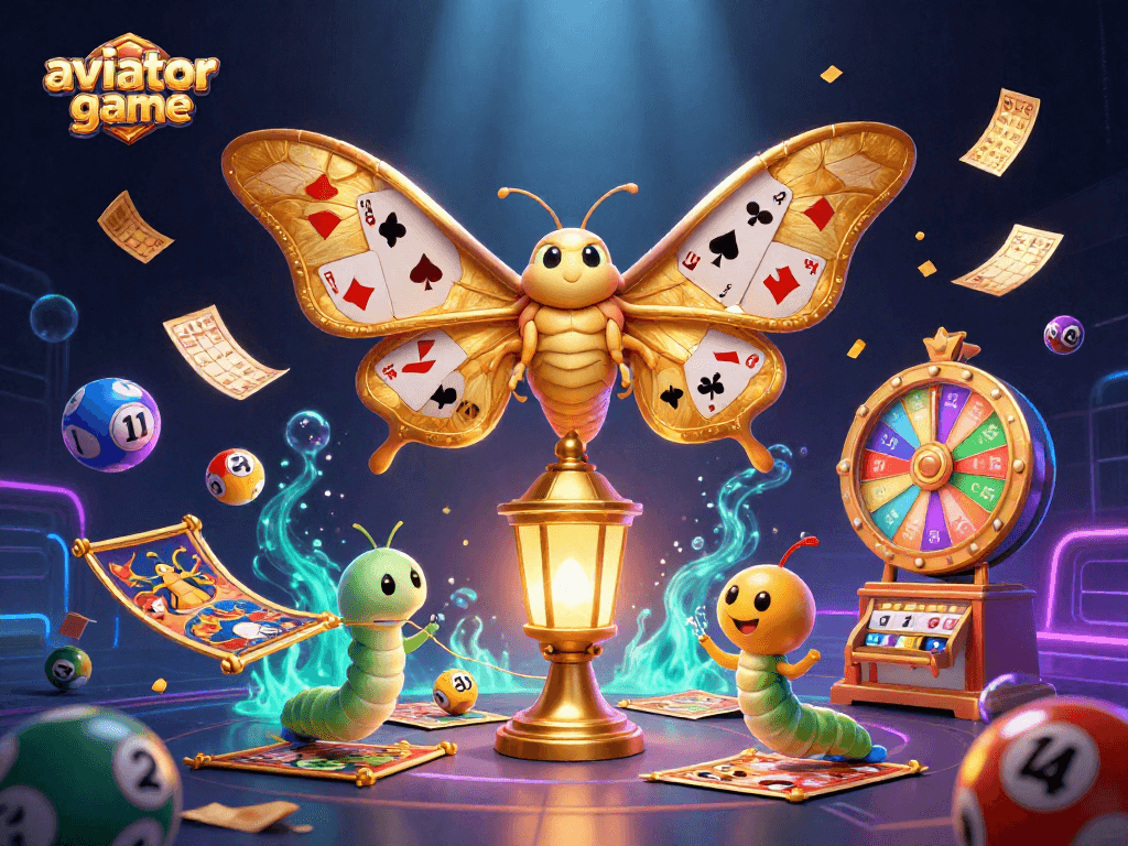 Play the aviator game with vibrant lottery balls and golden casino elements in a dynamic 3D scene.