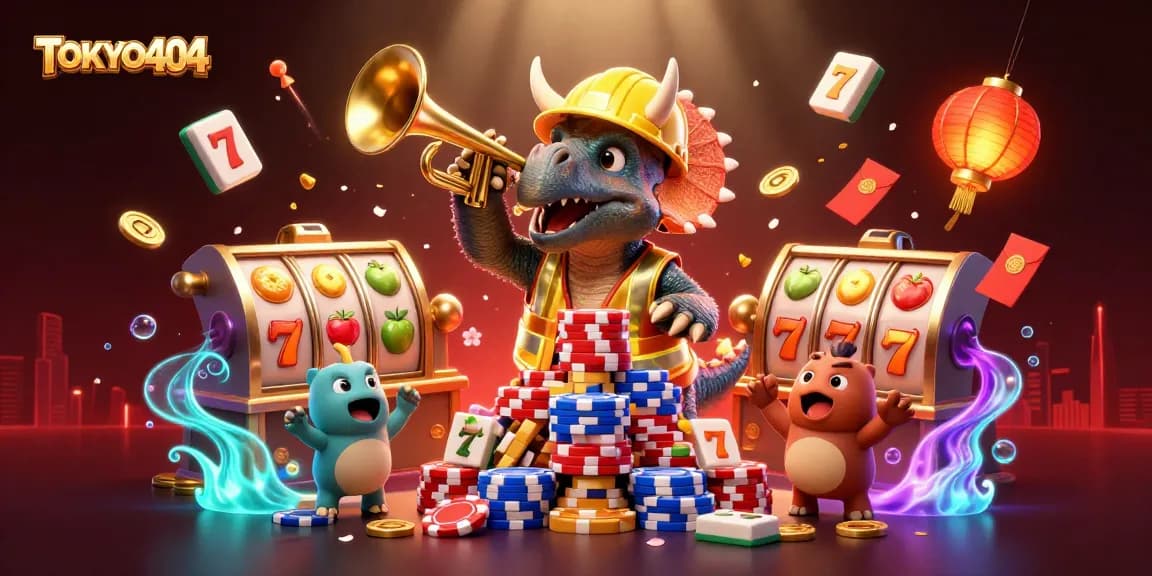 TOKYO404 presents an exciting casino celebration with vibrant 3D characters building poker chip pyramids.
