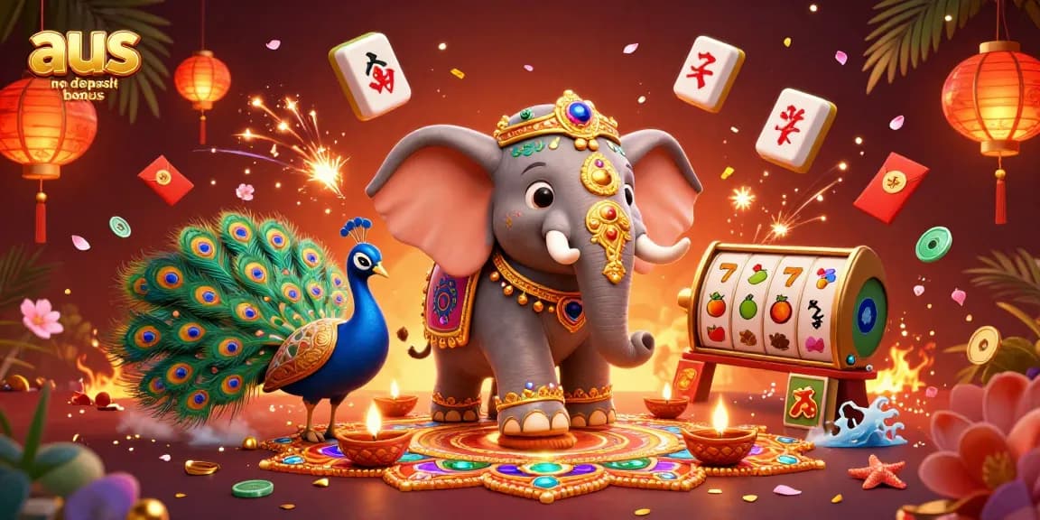 Play with aus no deposit bonus in a vibrant casino-themed 3D illustration featuring rich elements.