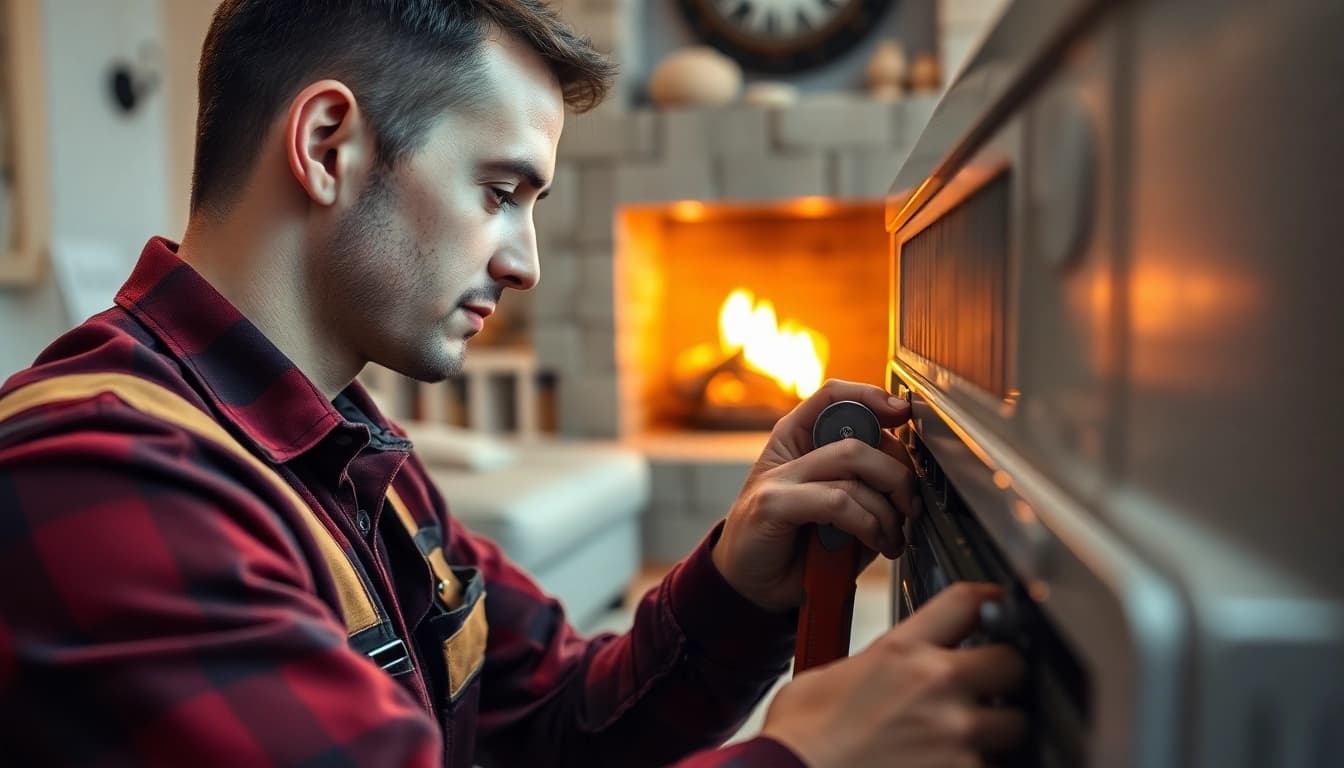 Technician performing emergency heating repair in a warm living room.