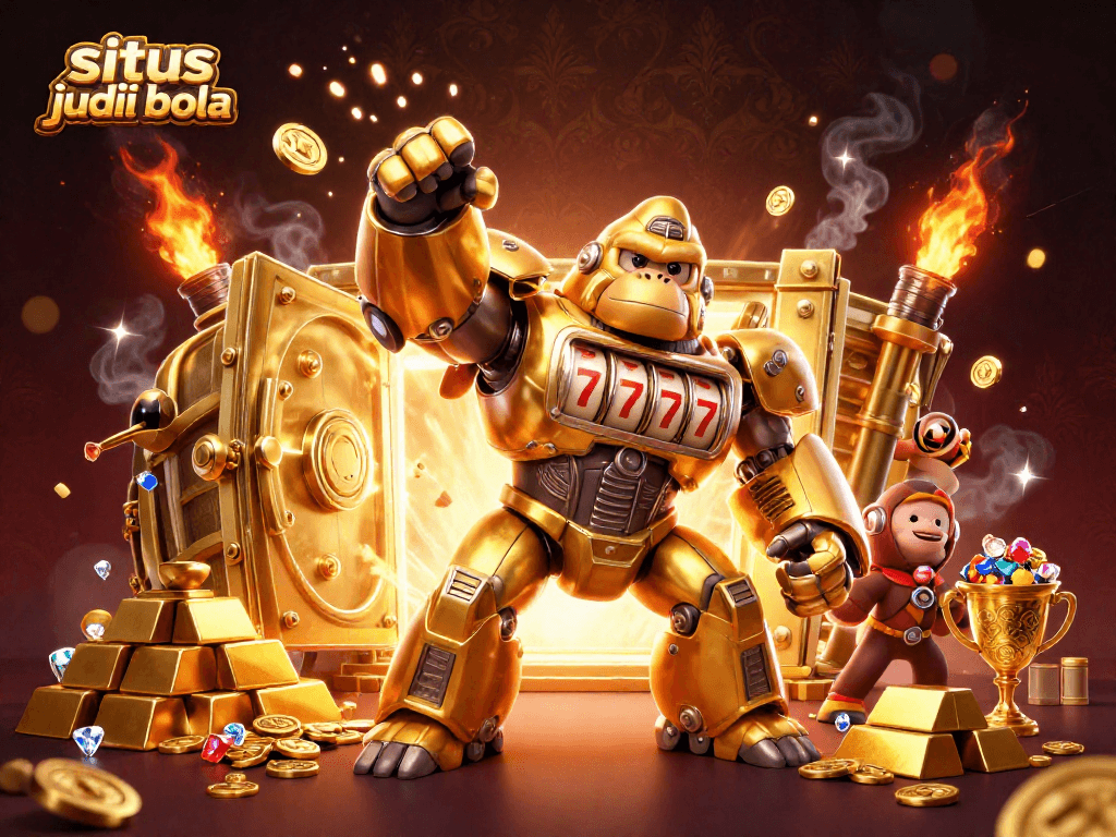 Experience thrilling action at situs judi bola with an electrifying golden gorilla mech and treasures bursting into view!