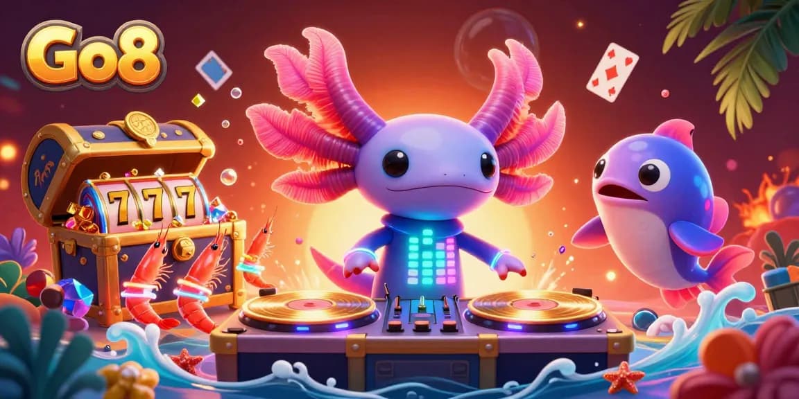 Experience the Go8 gaming adventure with animated axolotl DJ and glowing underwater elements.