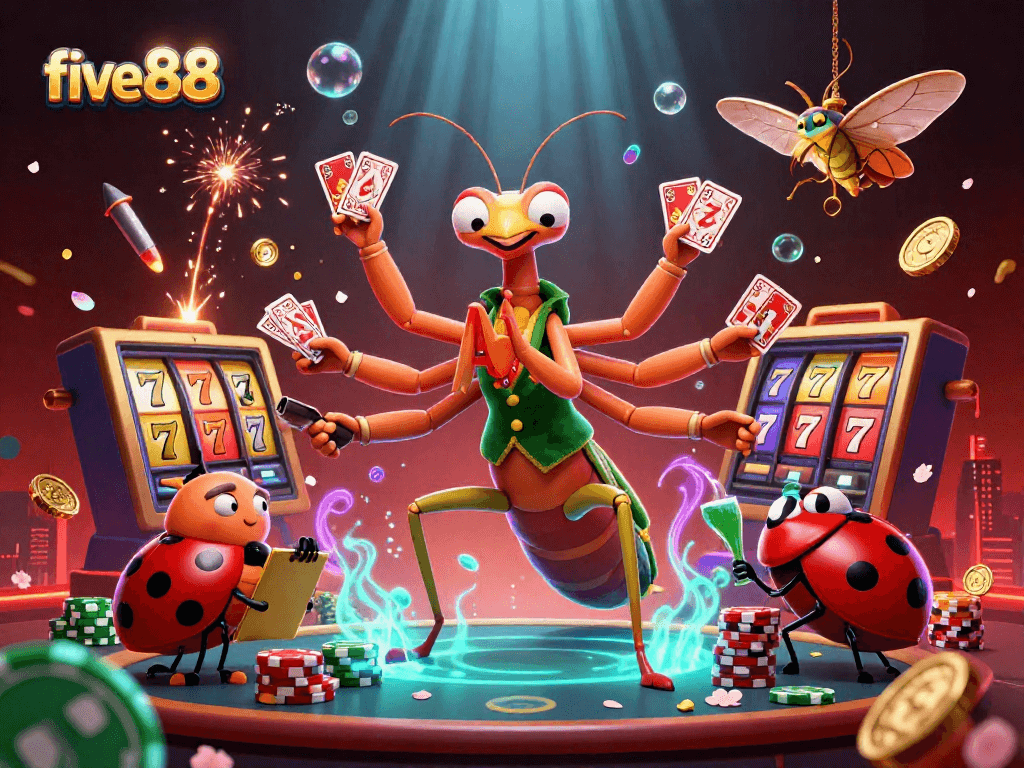 Engage with five88 in this vibrant 3D casino illustration showcasing card games, dynamic characters, and energetic casino elements.