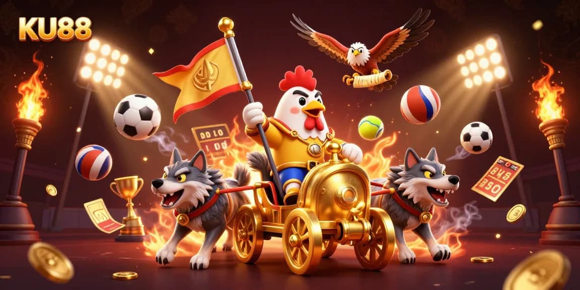 KU88 sports betting scene featuring a rooster warlord and dynamic sports elements, showcasing thrilling action.