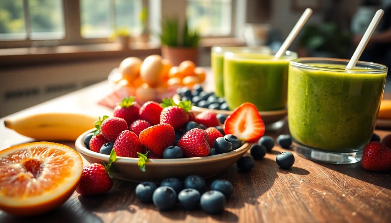 Enjoying a vibrant breakfast spread symbolizing a Healthy Life with fruits and smoothies.