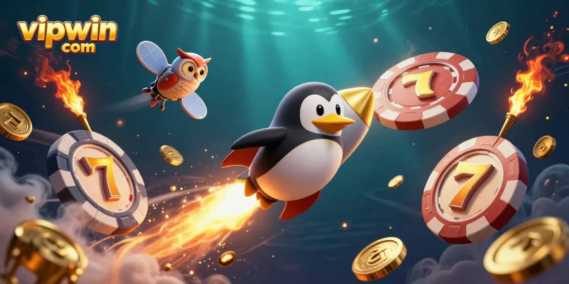 Experience thrilling gameplay at vipwin com with a dynamic scene of a golden penguin and casino elements.