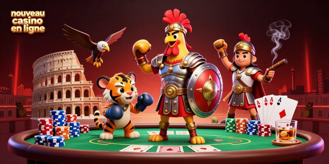 Vivez l'expérience d'un nouveau casino en ligne avec un rooster gladiateur et des éléments de poker captivants.