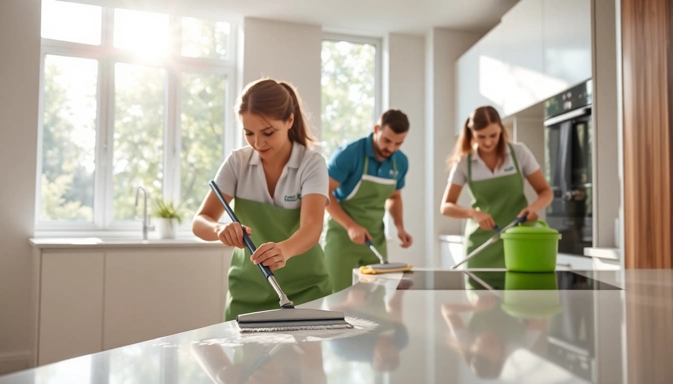 Bond cleaning team thoroughly cleans a sparkling kitchen space with natural light.