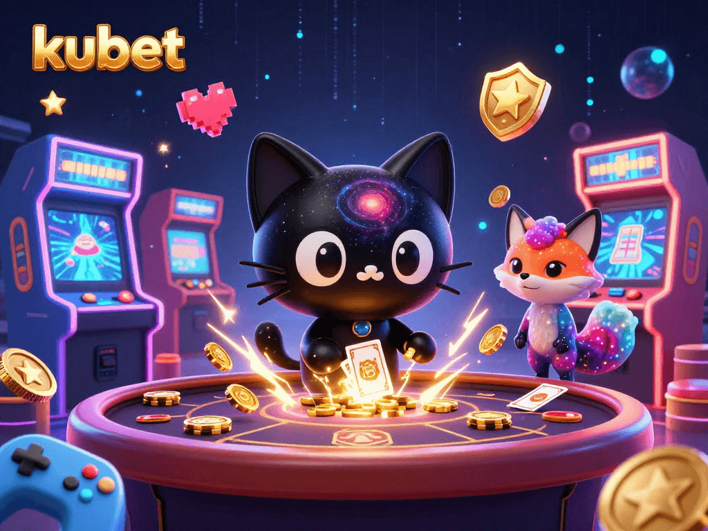 Kubet casino scene featuring a cartoon black hole cat attracting golden chips amidst vibrant gaming elements.
