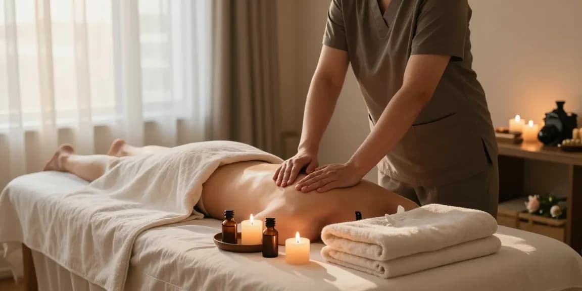 Relaxing home massage therapy setup for 마포출장안마 with soothing oils and candles.
