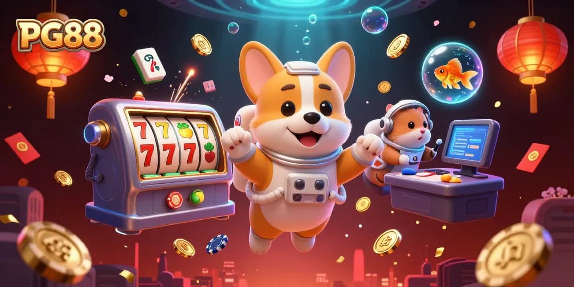 PG88 engages in thrilling casino action with a corgi astronaut amidst slot reels and floating poker chips in a vibrant space scene.
