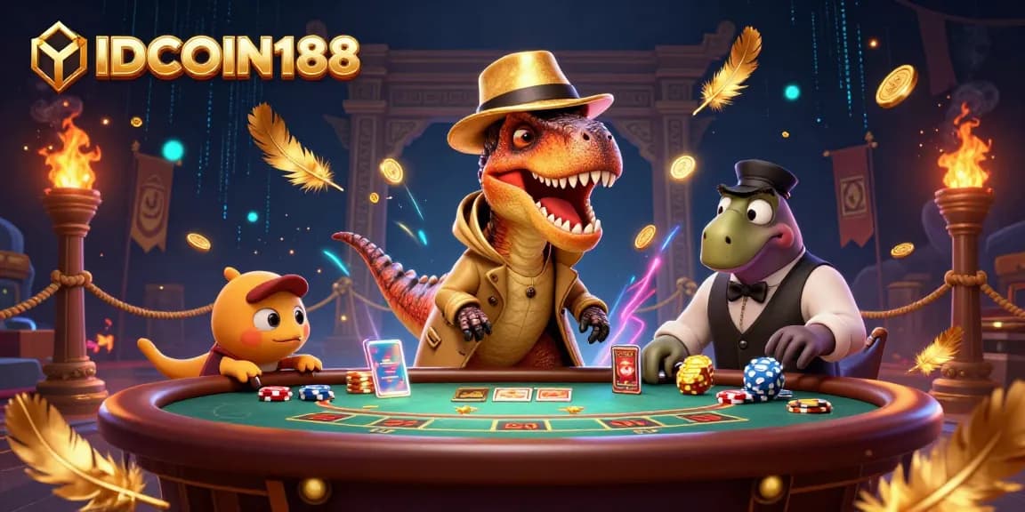 Engage with IDCOIN188 in a high-stakes casino showdown featuring colorful dinosaurs amidst dazzling gambling elements.