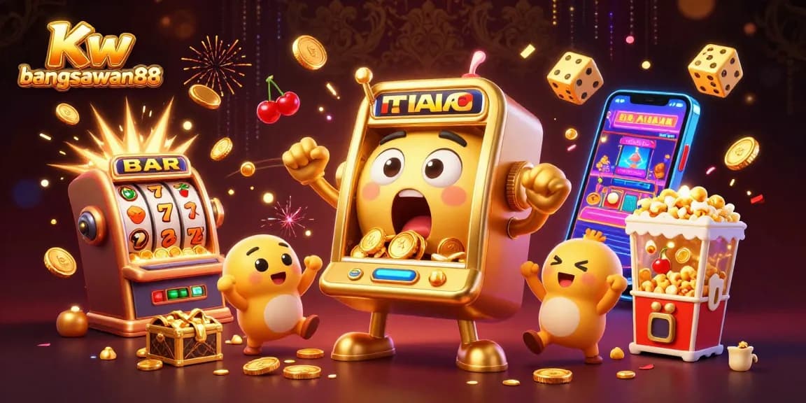Kw bangsawan88 slot machine celebrates a jackpot with coins pouring out in a vibrant casino scene.