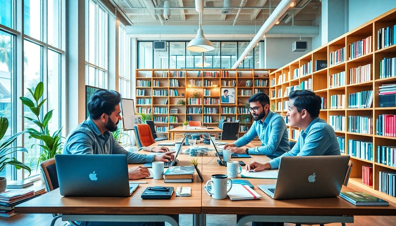 Writers collaborating in a bright office setting, emphasizing WRITER RELOCATIONS IN MUMBAI.