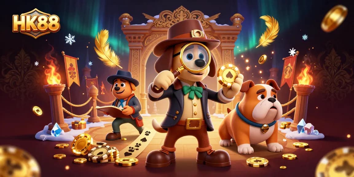 Engage in thrilling HK88 gaming action with a detective and bulldog in a vibrant casino scene.