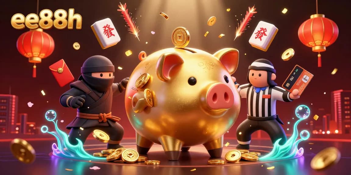 Engage with the energetic ee88h scene featuring a golden piggy bank sumo wrestler amidst floating casino elements.