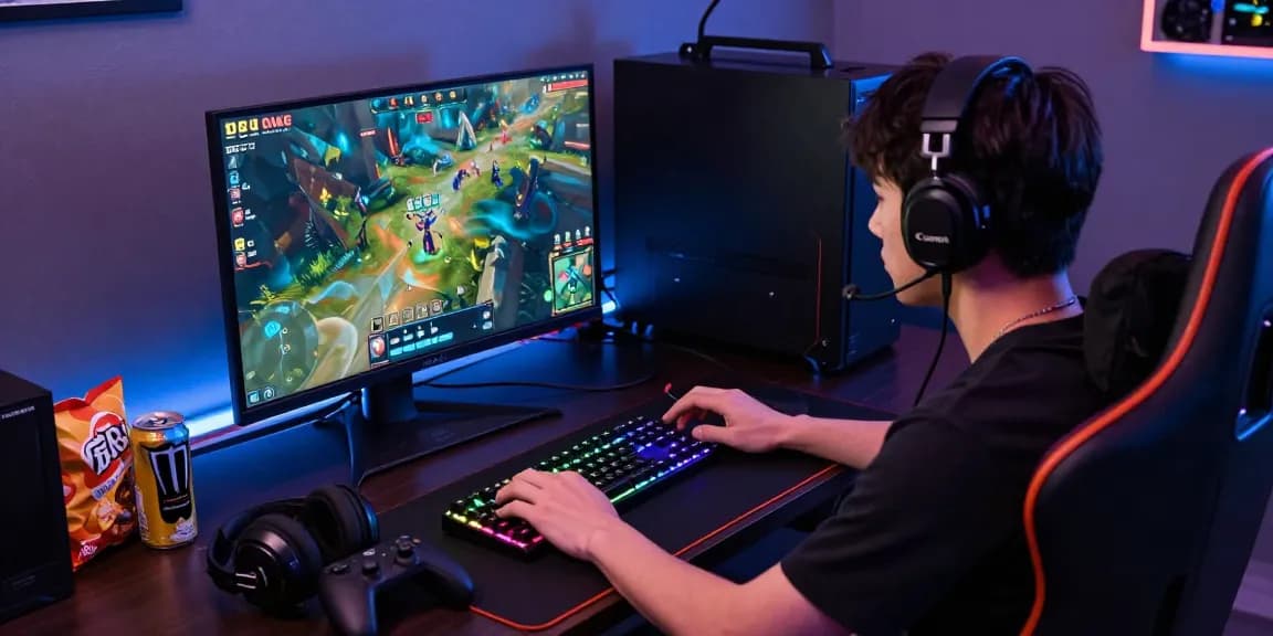 Pengaturan gaming dinamis dengan pengguna bermain BOS88, laptop dengan antarmuka permainan, ambient LED menambah suasana.