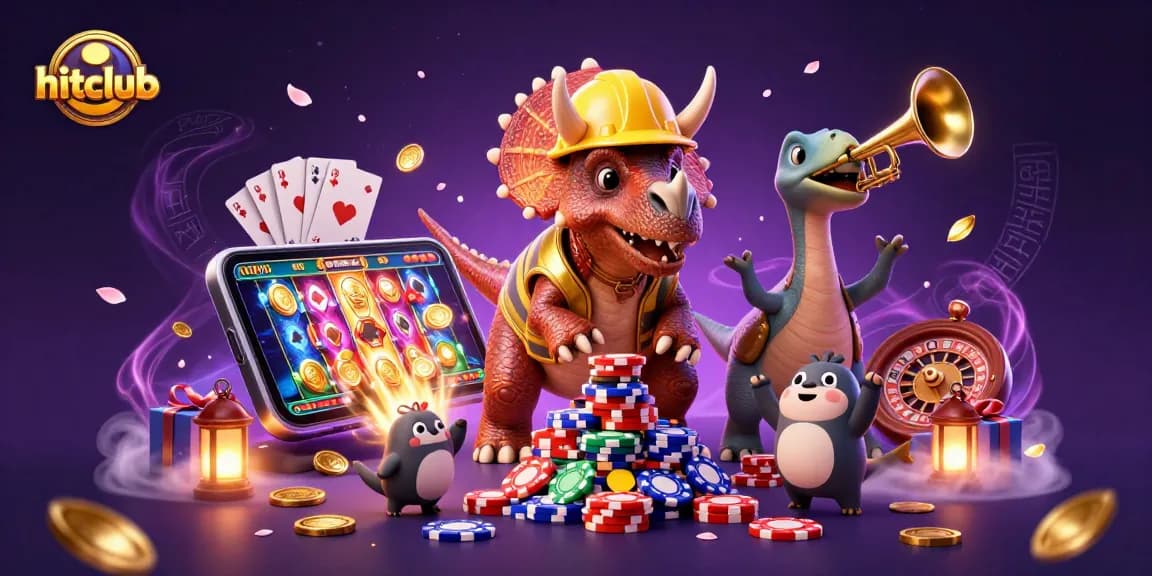 Engage with the vibrant hitclub experience of a 3D cartoon triceratops building poker chips surrounded by celebration elements.