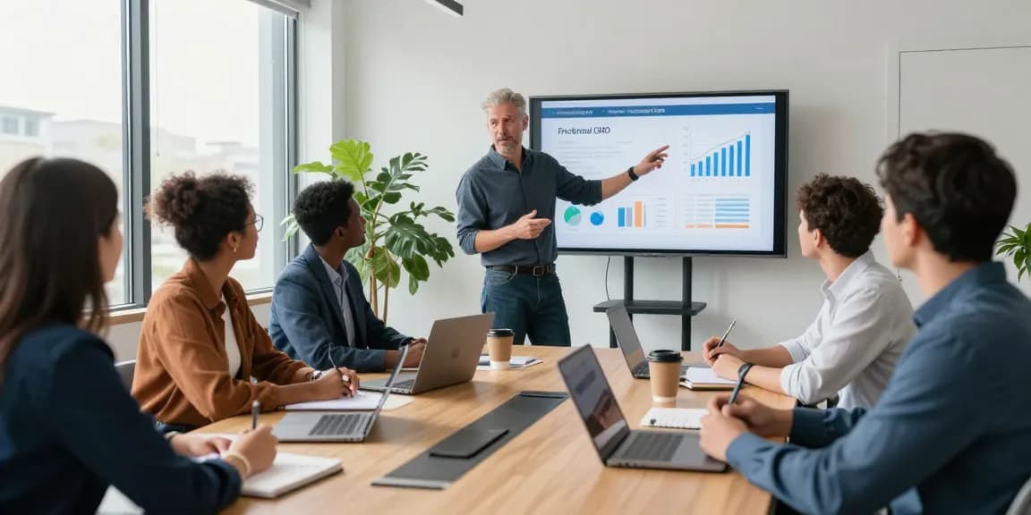 Fractional CMO Tom Edwards collaborates with founders in a modern office, focusing on effective SEO Consultant strategies.