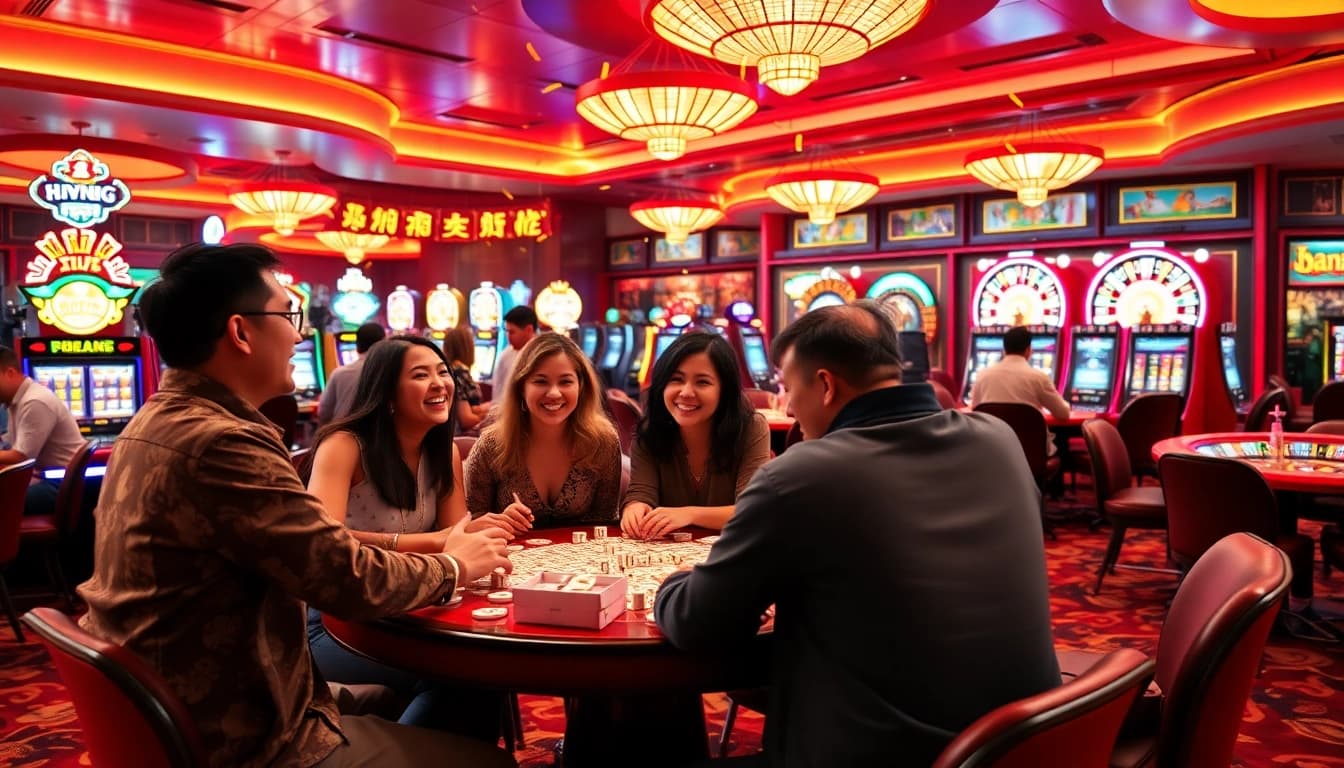 Permainan bossmahjong yang seru di kasino, dengan pemain yang bahagia merayakan kemenangan.