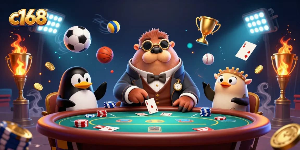 Engage in poker strategy with c168's vibrant gaming atmosphere featuring a walrus and friends.