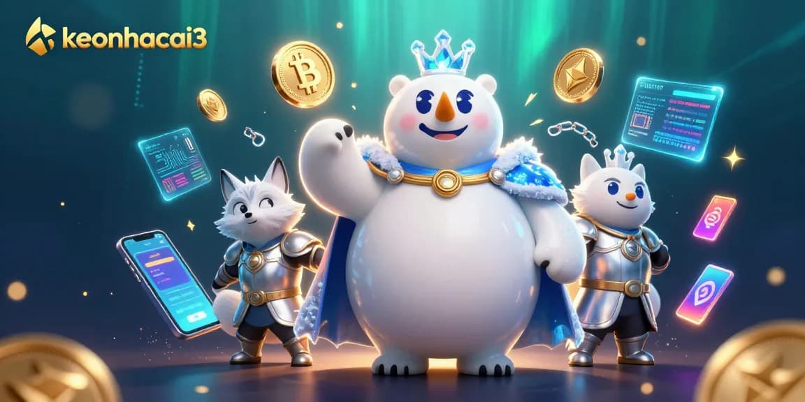 Engage with keonhacai3's vibrant casino world featuring a polar bear and fox surrounded by dynamic gaming elements.