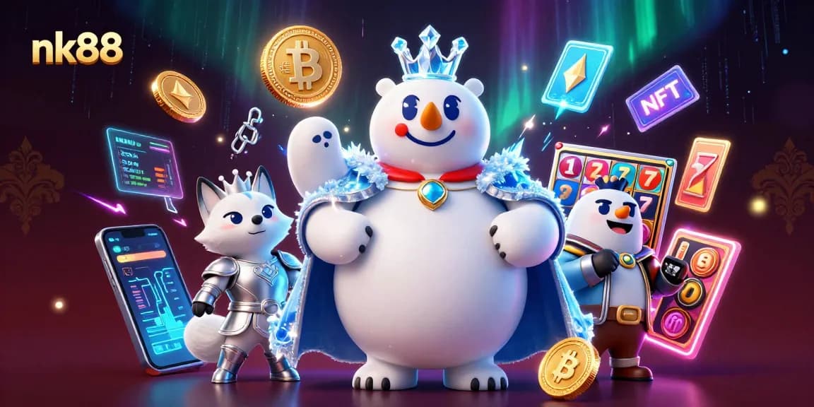 Play exciting slot games with nk88's 3D polar bear and fox fantasy scene brimming with casino energy.