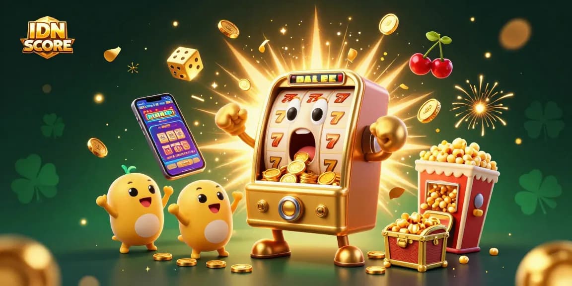Experience IDNSCORE's exciting jackpots with a vibrant golden slot machine scene full of action and celebration.