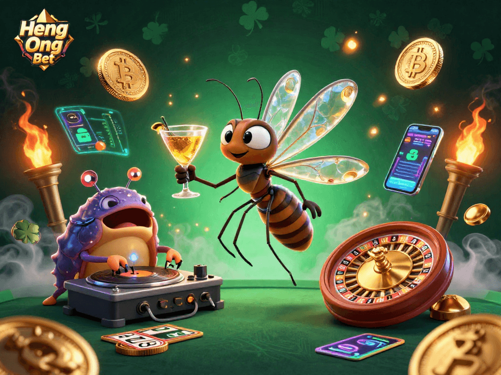 Play and win with Heng Ong Bet, featuring a vibrant 3D casino scene with crypto elements.