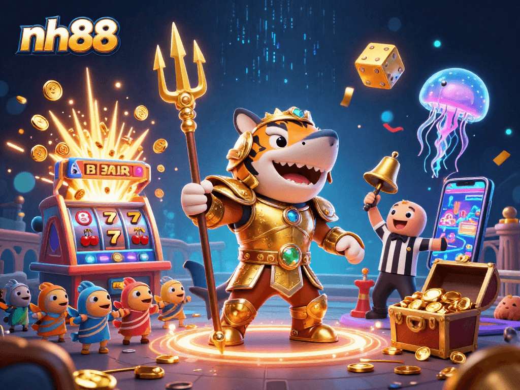 Experience thrilling slots at nh88 with a dramatic underwater casino scene featuring a golden shark and dynamic game elements.
