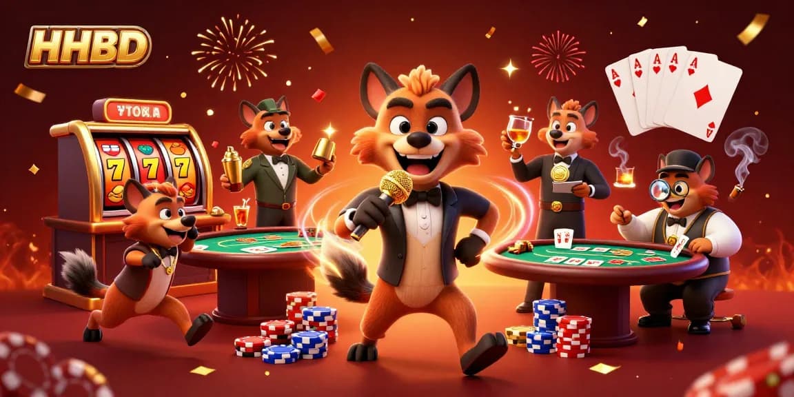 HHBD hyenas entertain at a dynamic comedy casino, featuring slot reels and poker chips.