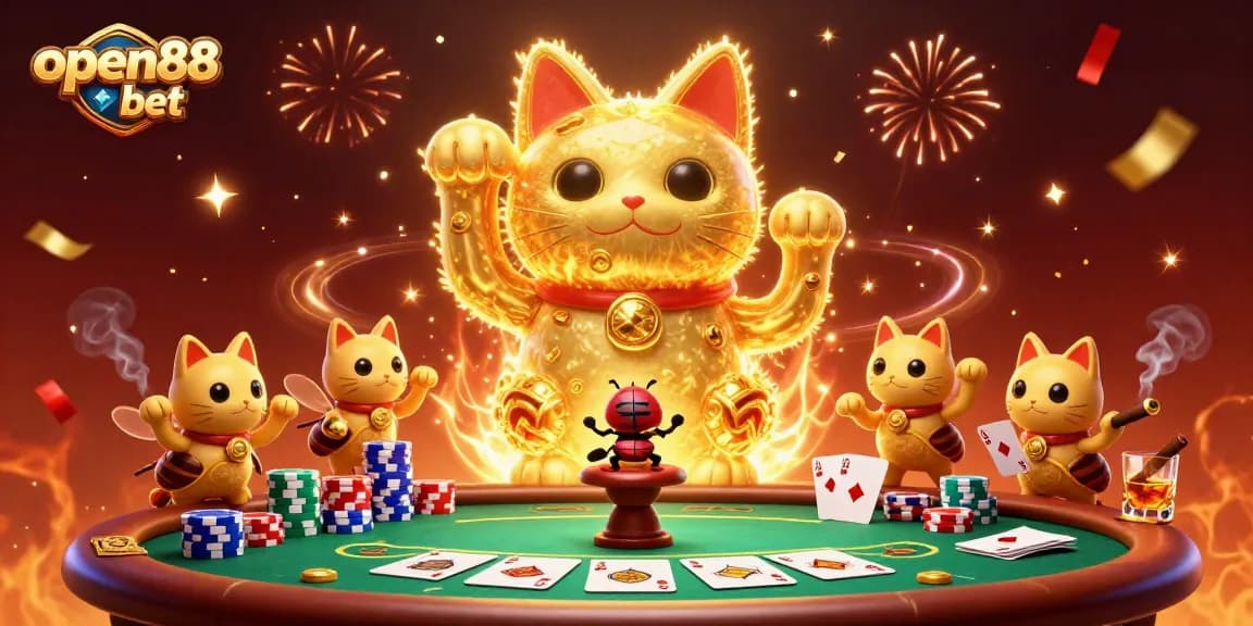 Experience excitement with open88 bet as golden fireflies create a lucky cat in a vibrant casino scene.