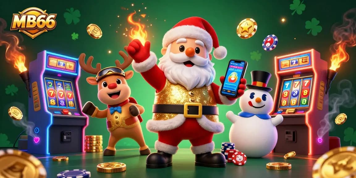 Experience the fun of MB66 with Santa and his friends celebrating jackpot wins in a vibrant digital casino.
