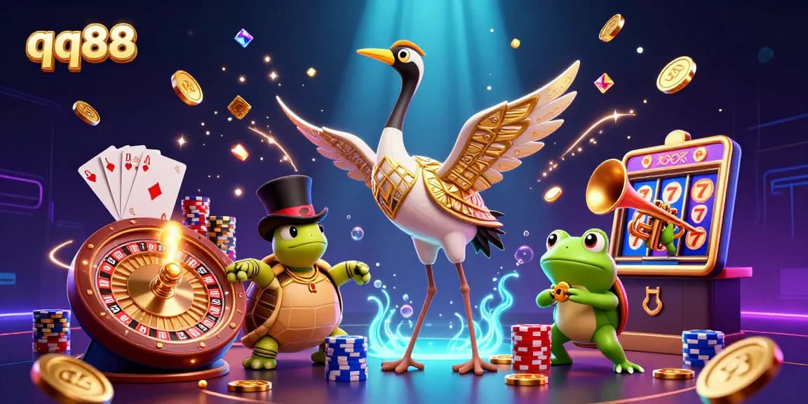 Bet on qq88 with cartoon characters enjoying a vibrant casino atmosphere filled with gold coins and cards.