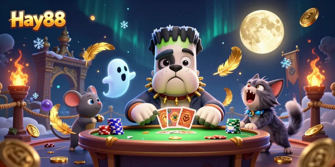 Experience the excitement at Hay88 with a lively casino scene featuring a bulldog monster, ghost mouse, and a werewolf kitten.