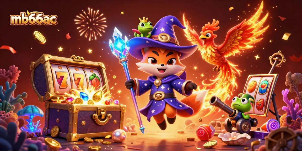 Experience the magical vibe of mb66ac with a wizard fox and phoenix in a vibrant casino scene.