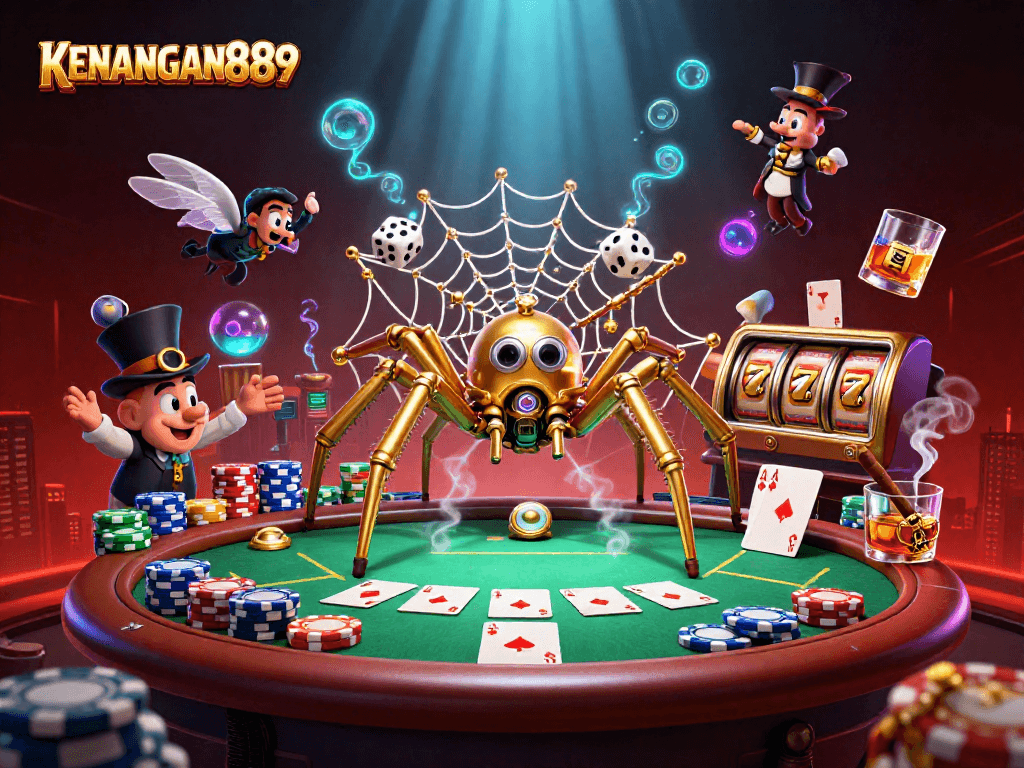 Experience winning fun with KENANGAN889: a vibrant 3D steampunk casino illustration.