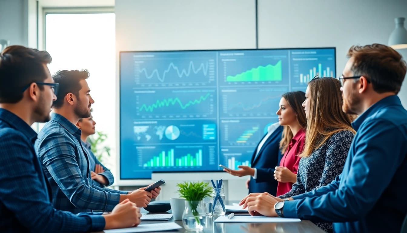 Analyze market trends with a professional competitive intelligence consultancy team in a modern office.