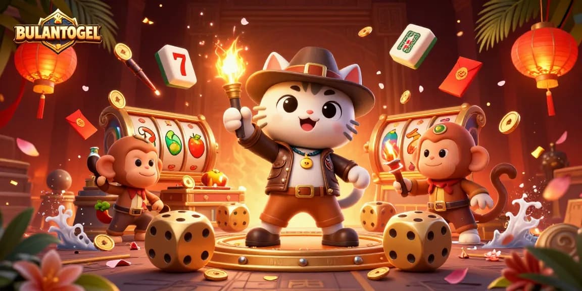 BULANTOGEL evokes excitement with a captivating treasure hunt-themed casino scene featuring an explorer cat finding gold.