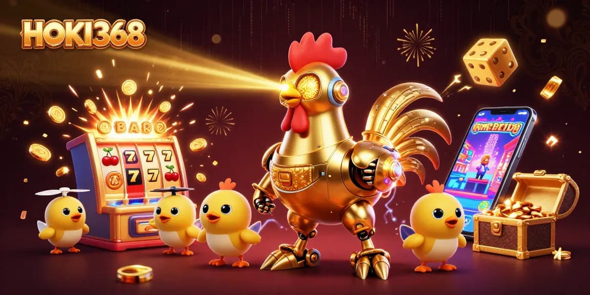 Experience vibrant 3D gaming action with HOKI368's golden rooster robot in a jackpot celebration.