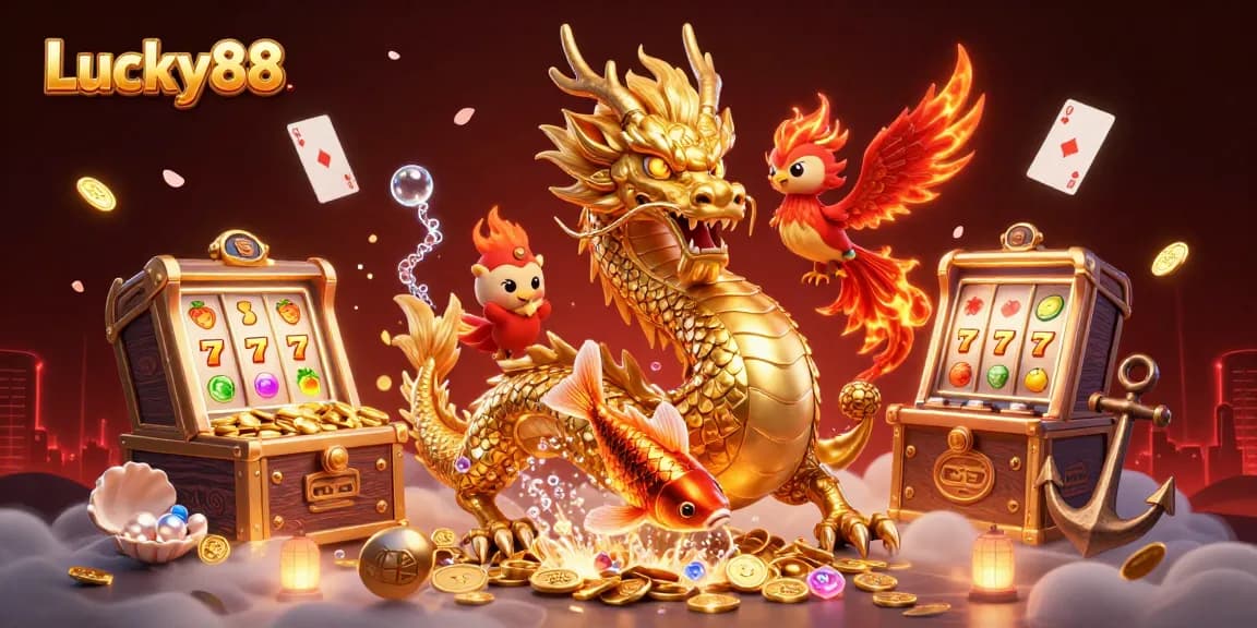 Engage with Lucky88's vibrant gaming experience featuring captivating dragon, phoenix, and koi.