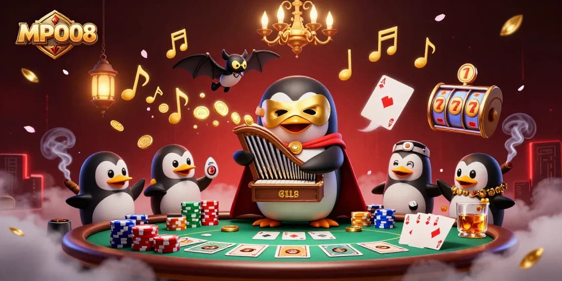 MPO08 presents an exciting scene with a penguin playing a pipe organ amidst golden coins and a lively casino atmosphere.