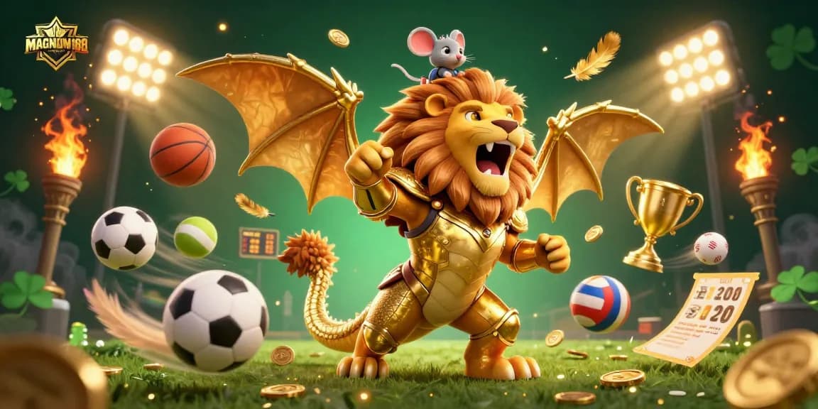 Experience thrilling sports betting action with MAGNUM188 showcasing a victorious chimera and dynamic elements.