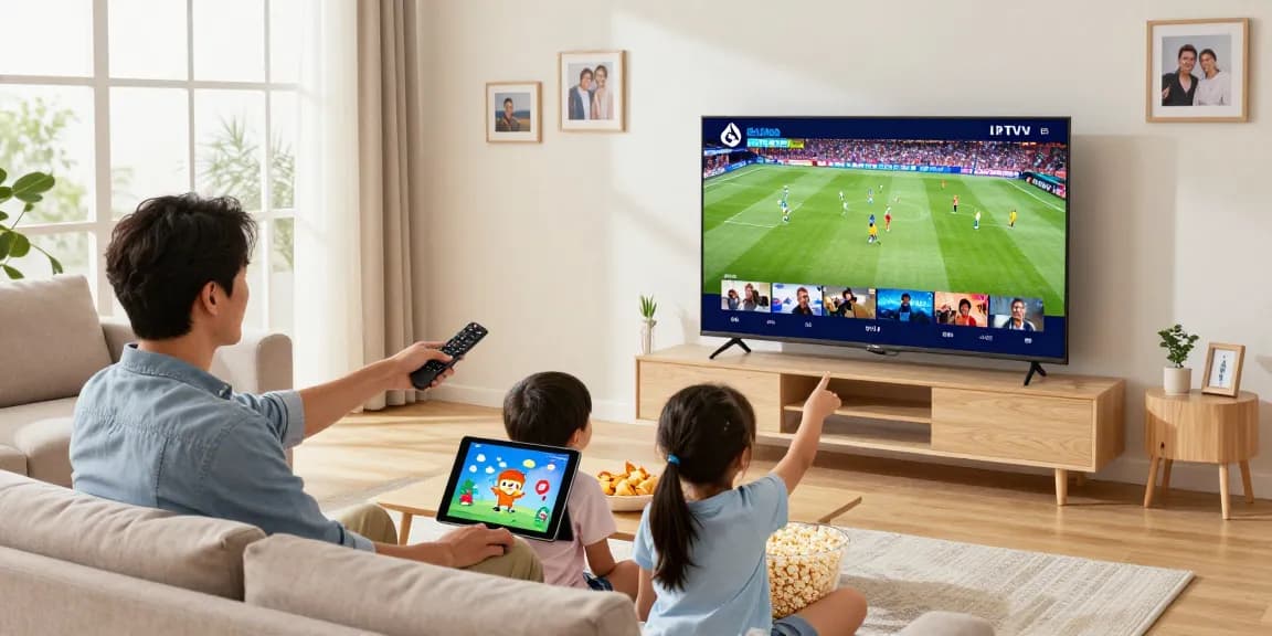 Family enjoying Blue Shark IPTV streaming movies and sports in a cozy living room.