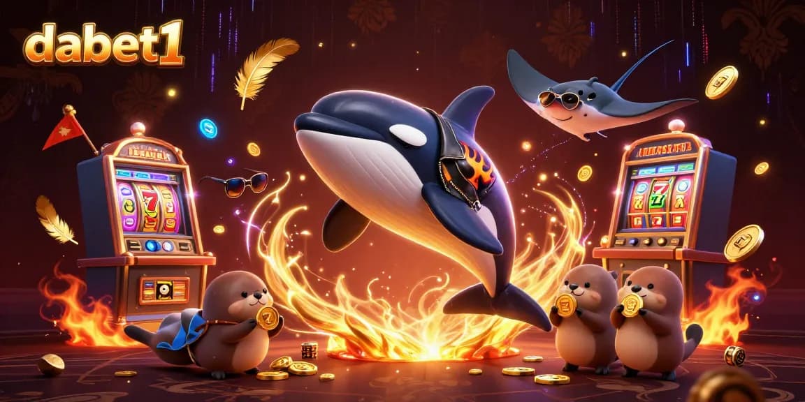 dabet1 showcases an orca biker and otters in a vibrant 3D casino scene with slot elements.
