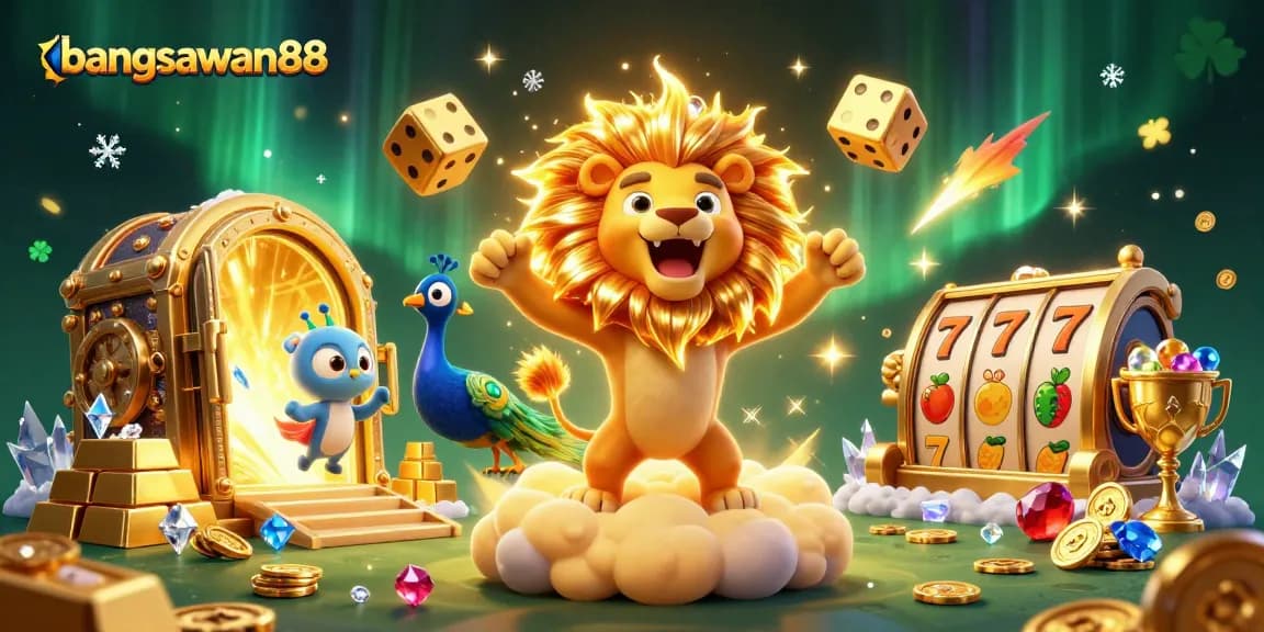 Bangsawan88 casino illustration featuring a roaring lion surrounded by golden dice, treasures, and slot reels.